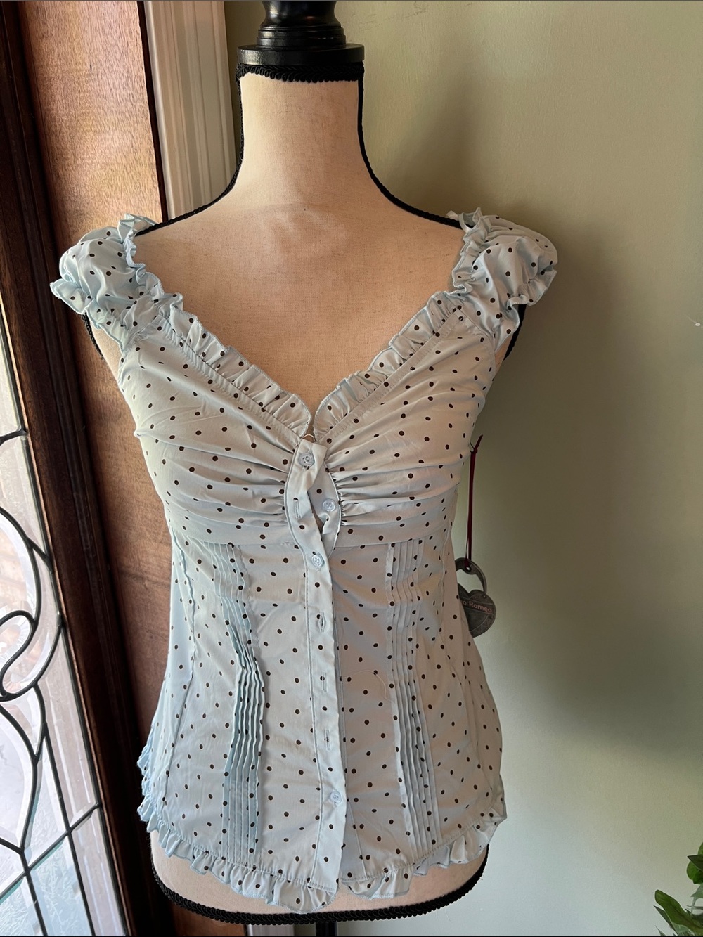 Light Blue Polka Dot Ruffle Button-Up Tank - Picture 1 of 7